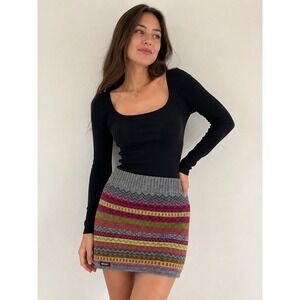 Everest Designs Wool Knit Fair Isle Mini Skirt Grey Pink Green Boho Winter Skirt